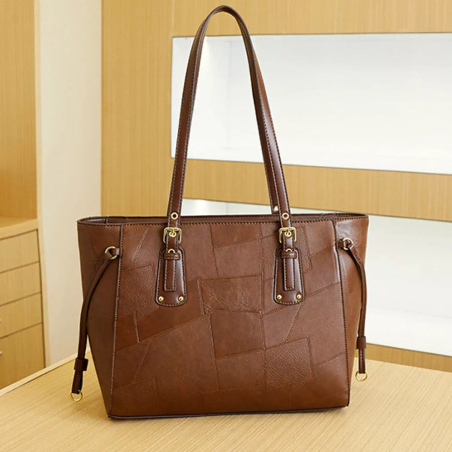Patchwork Leather Tote Bag with Gold Logo Charm Brown / onesize Apparel and Accessories