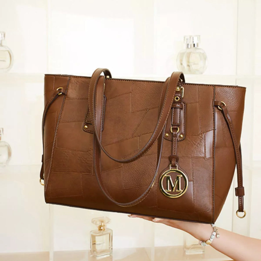 Patchwork Leather Tote Bag with Gold Logo Charm Brown / onesize Apparel and Accessories