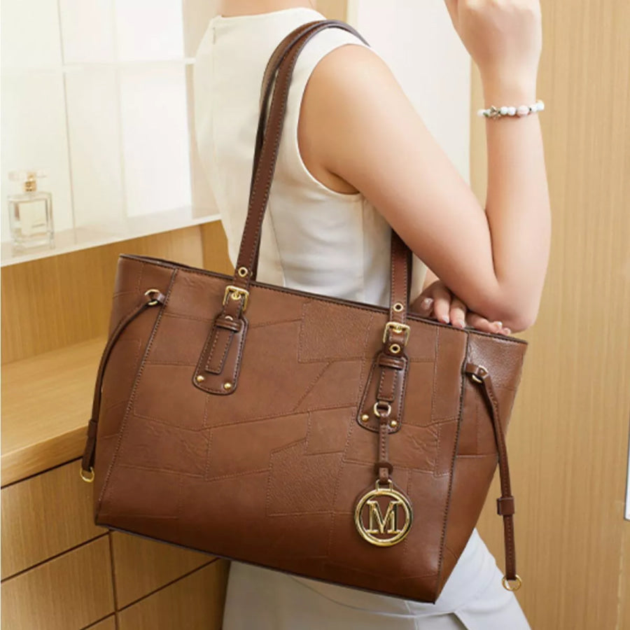 Patchwork Leather Tote Bag with Gold Logo Charm Brown / onesize Apparel and Accessories