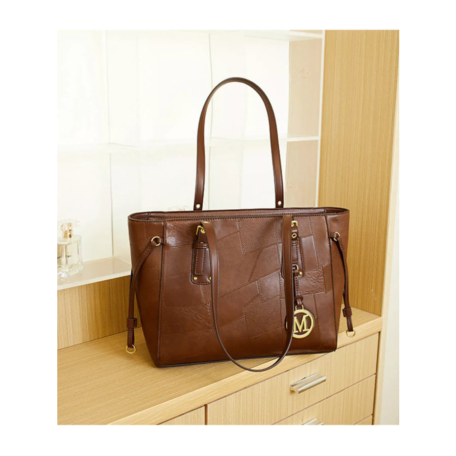 Patchwork Leather Tote Bag with Gold Logo Charm Brown / onesize Apparel and Accessories