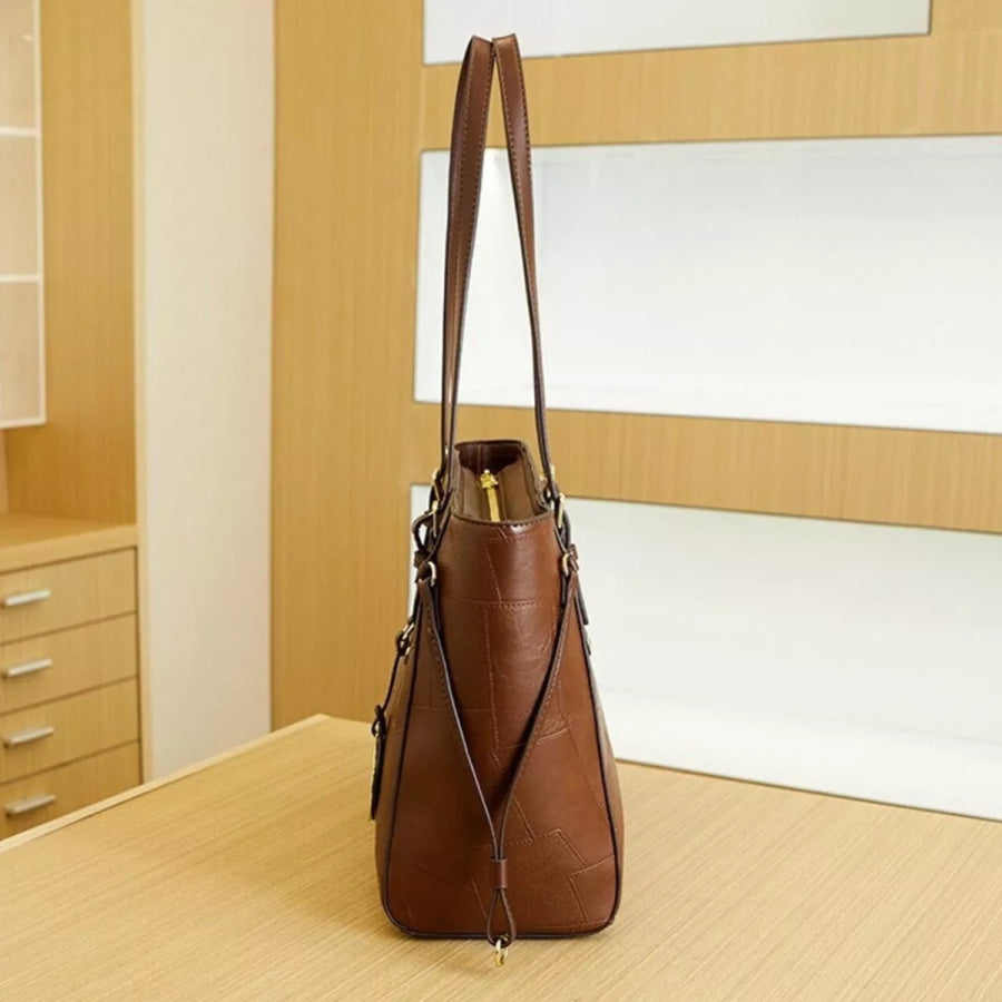 Patchwork Leather Tote Bag with Gold Logo Charm Brown / onesize Apparel and Accessories