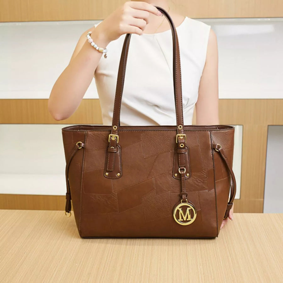 Patchwork Leather Tote Bag with Gold Logo Charm Brown / onesize Apparel and Accessories