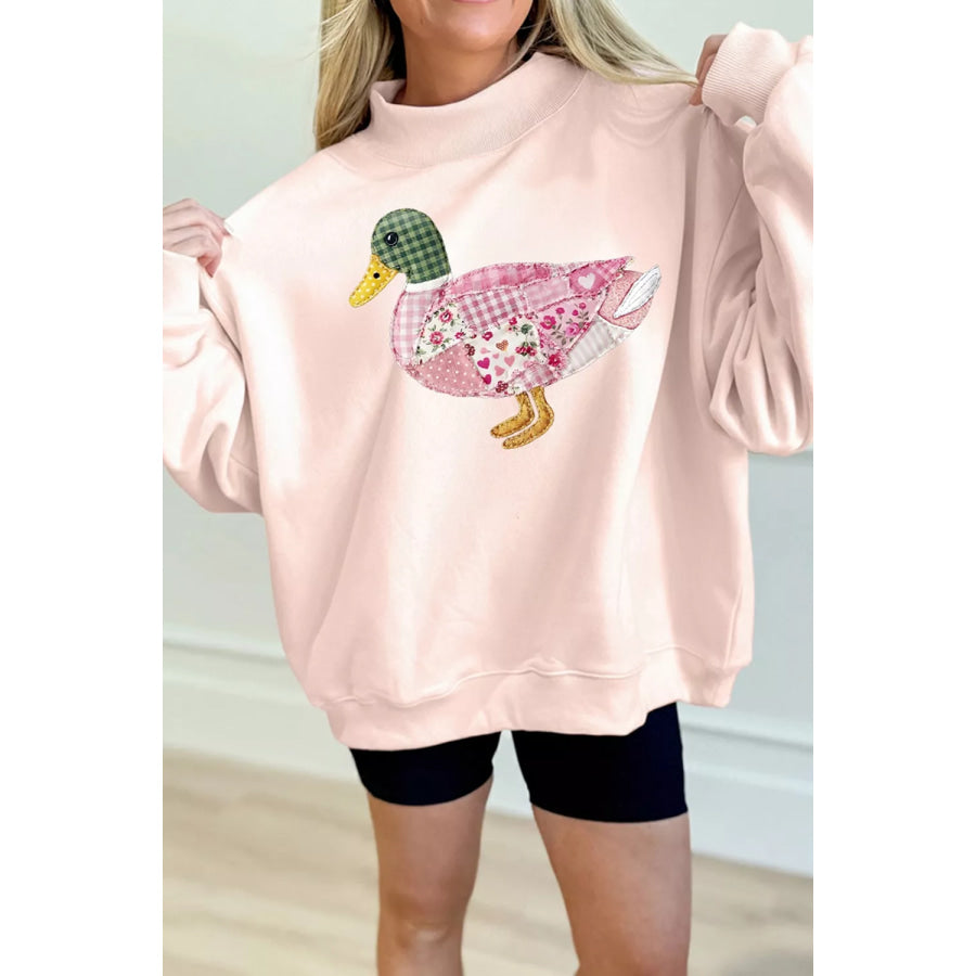 Patchwork Mallard Printed Graphic Mock Neck Pullover Sweatshirt Apparel and Accessories