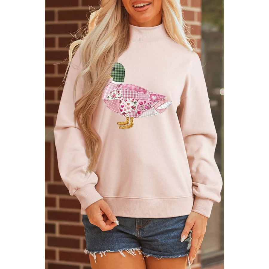 Patchwork Mallard Printed Graphic Mock Neck Pullover Sweatshirt Apparel and Accessories