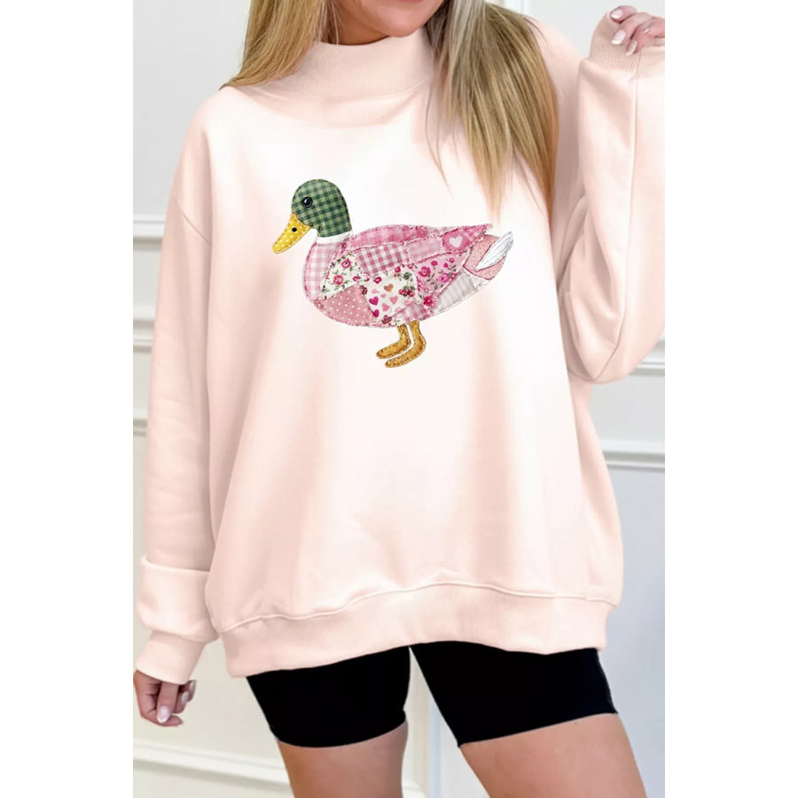 Patchwork Mallard Printed Graphic Mock Neck Pullover Sweatshirt Apparel and Accessories