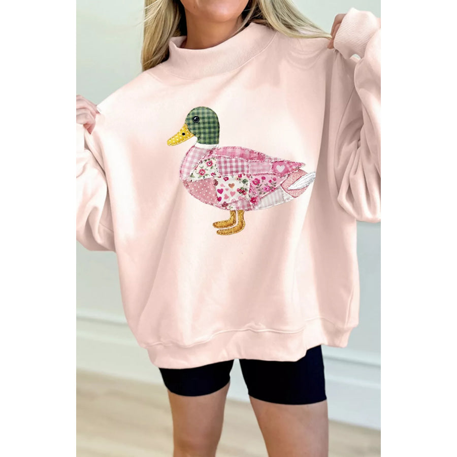Patchwork Mallard Printed Graphic Mock Neck Pullover Sweatshirt Apricot / S Apparel and Accessories