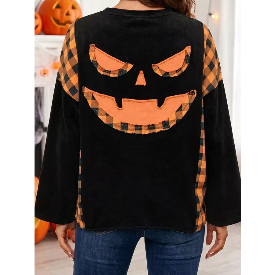 Patchwork Plaid Pumpkin Face Long Sleeve Top Apparel and Accessories