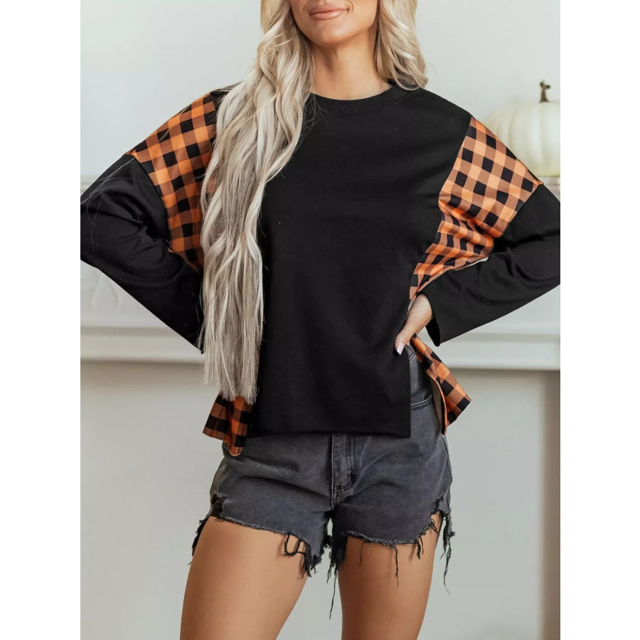 Patchwork Plaid Pumpkin Face Long Sleeve Top Apparel and Accessories