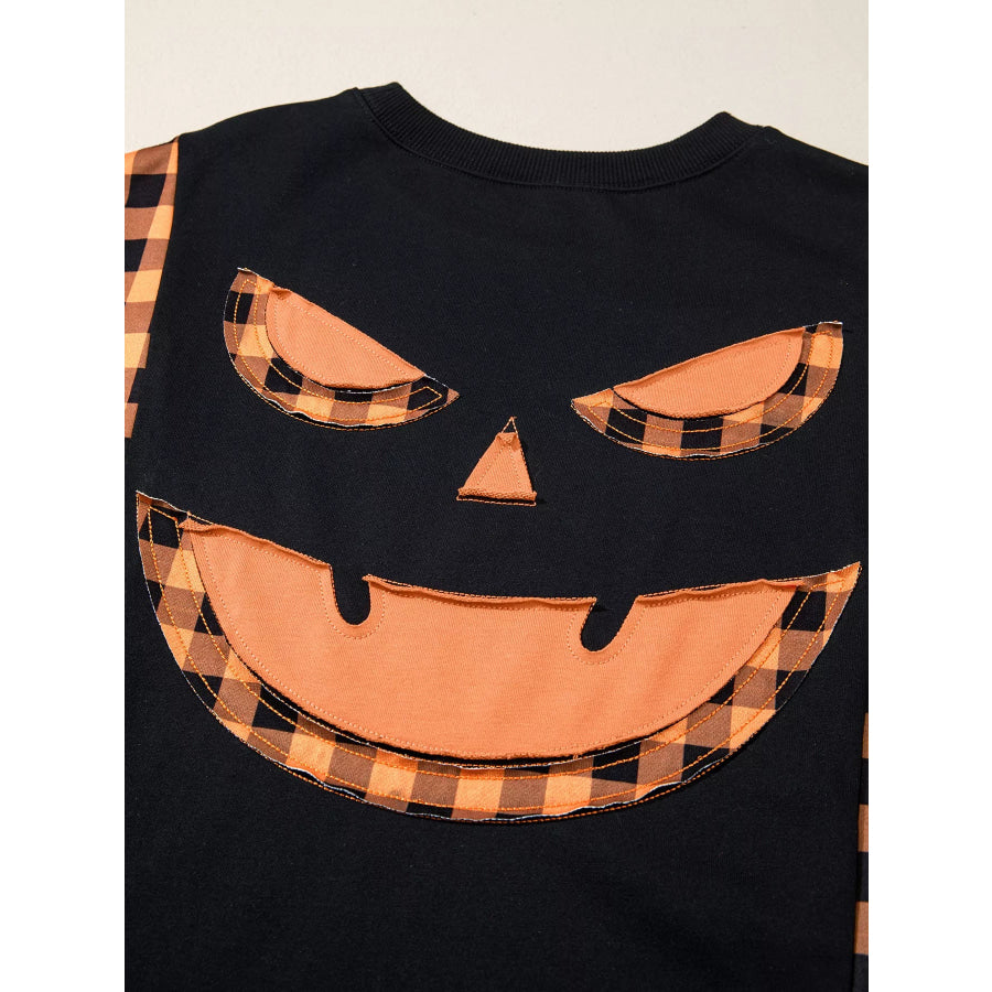 Patchwork Plaid Pumpkin Face Long Sleeve Top Apparel and Accessories
