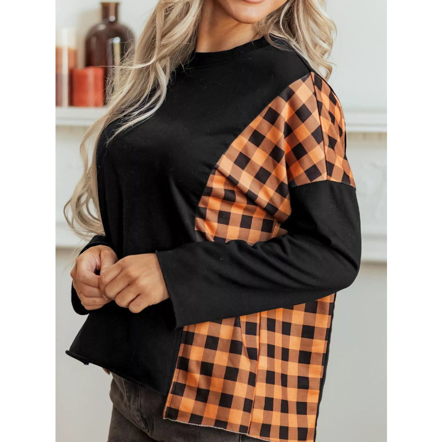 Patchwork Plaid Pumpkin Face Long Sleeve Top Apparel and Accessories