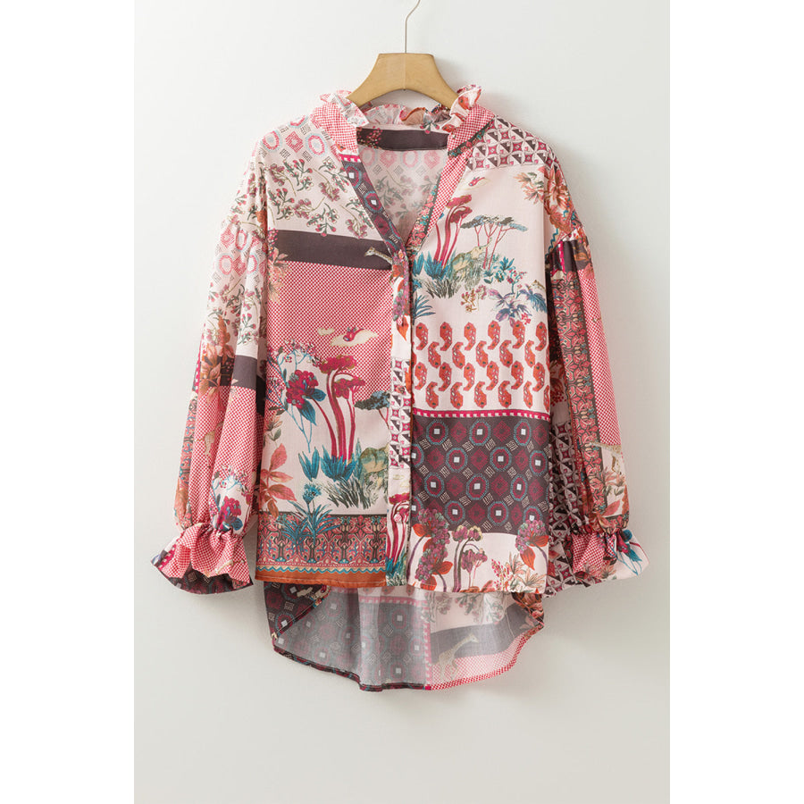 Patchwork Printed Notched Flounce Sleeve Shirt Apparel and Accessories