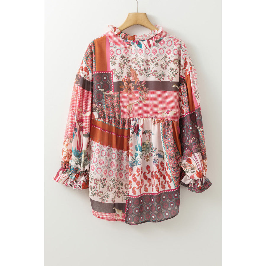 Patchwork Printed Notched Flounce Sleeve Shirt Apparel and Accessories