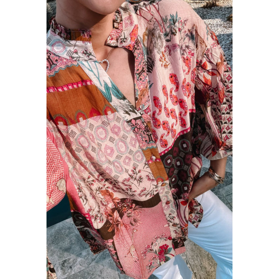 Patchwork Printed Notched Flounce Sleeve Shirt Apparel and Accessories