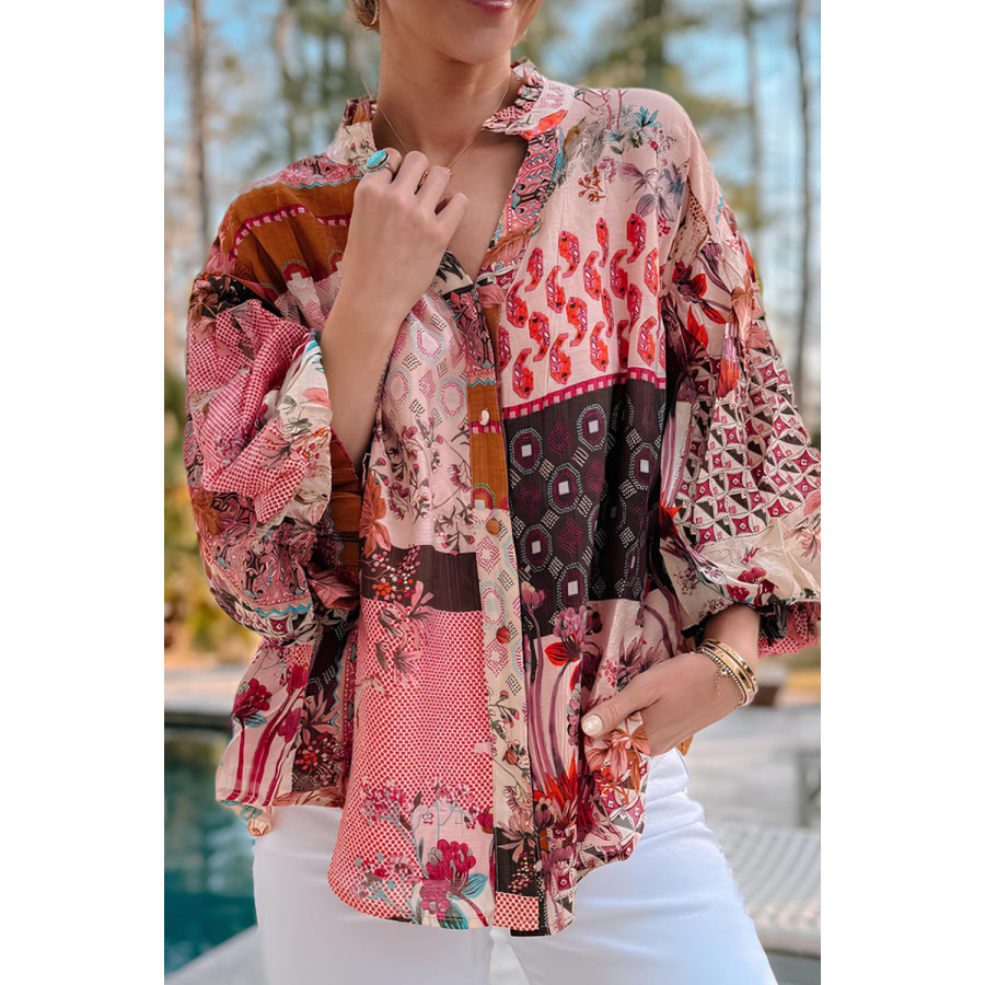 Patchwork Printed Notched Flounce Sleeve Shirt Floral / S Apparel and Accessories