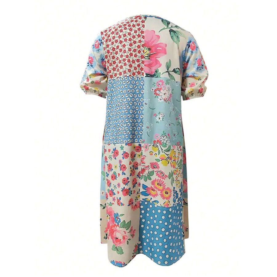 Patchwork Printed Round Neck Midi Dress Apparel and Accessories