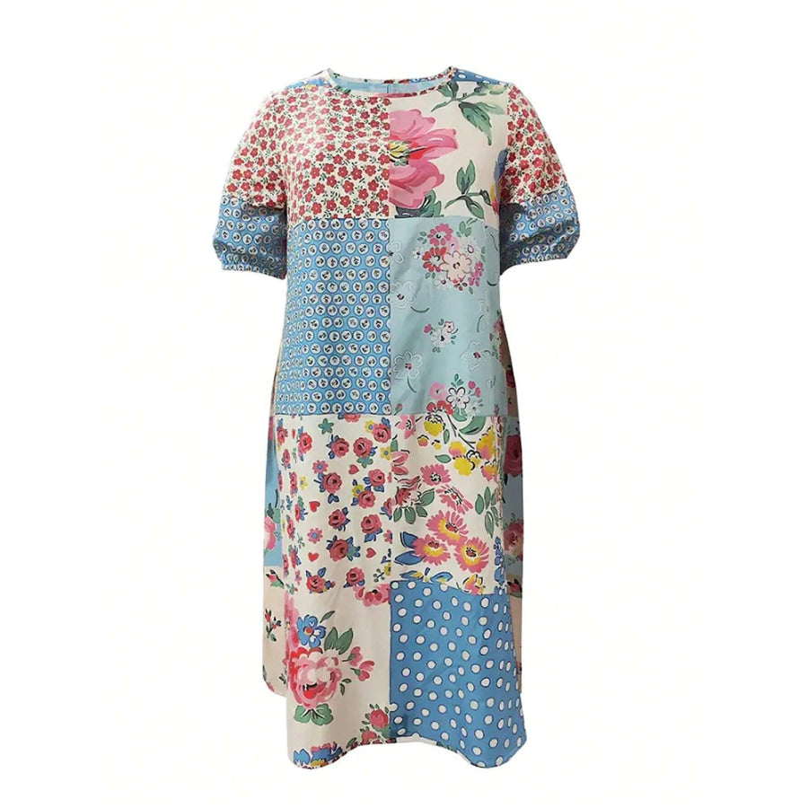 Patchwork Printed Round Neck Midi Dress Apparel and Accessories