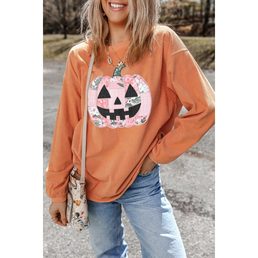 Patchwork Pumpkin Graphic Corded Ribbed Round Neck Tunic Sweatshirt Apparel and Accessories