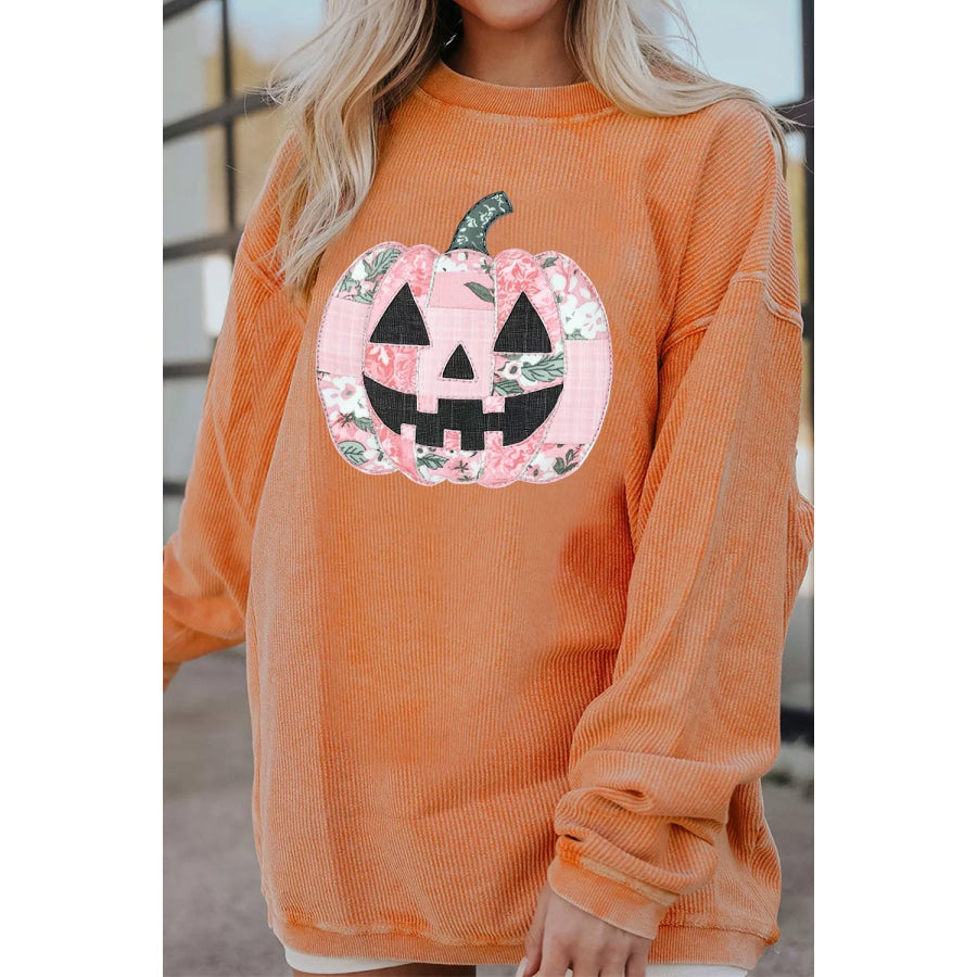 Patchwork Pumpkin Graphic Corded Ribbed Round Neck Tunic Sweatshirt Apparel and Accessories