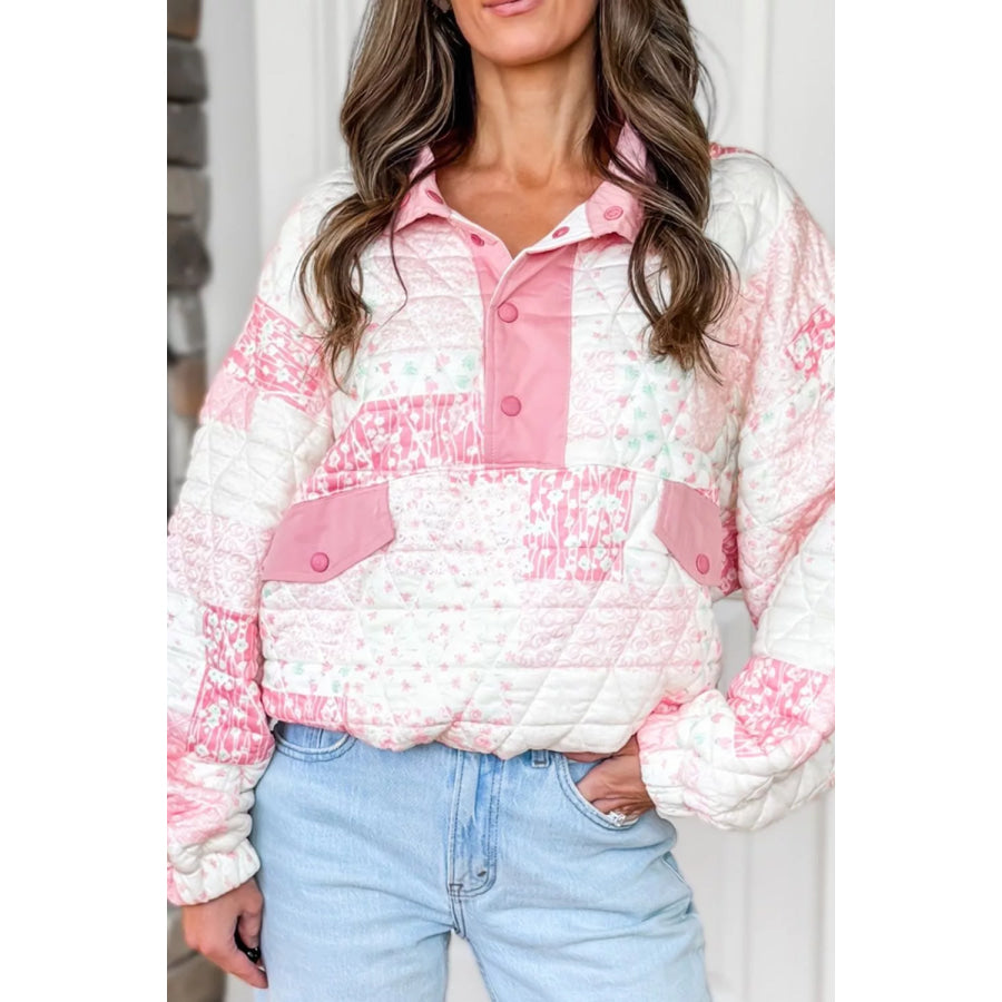 Patchwork Quilted Snap-Neck Sweatshirt Apparel and Accessories