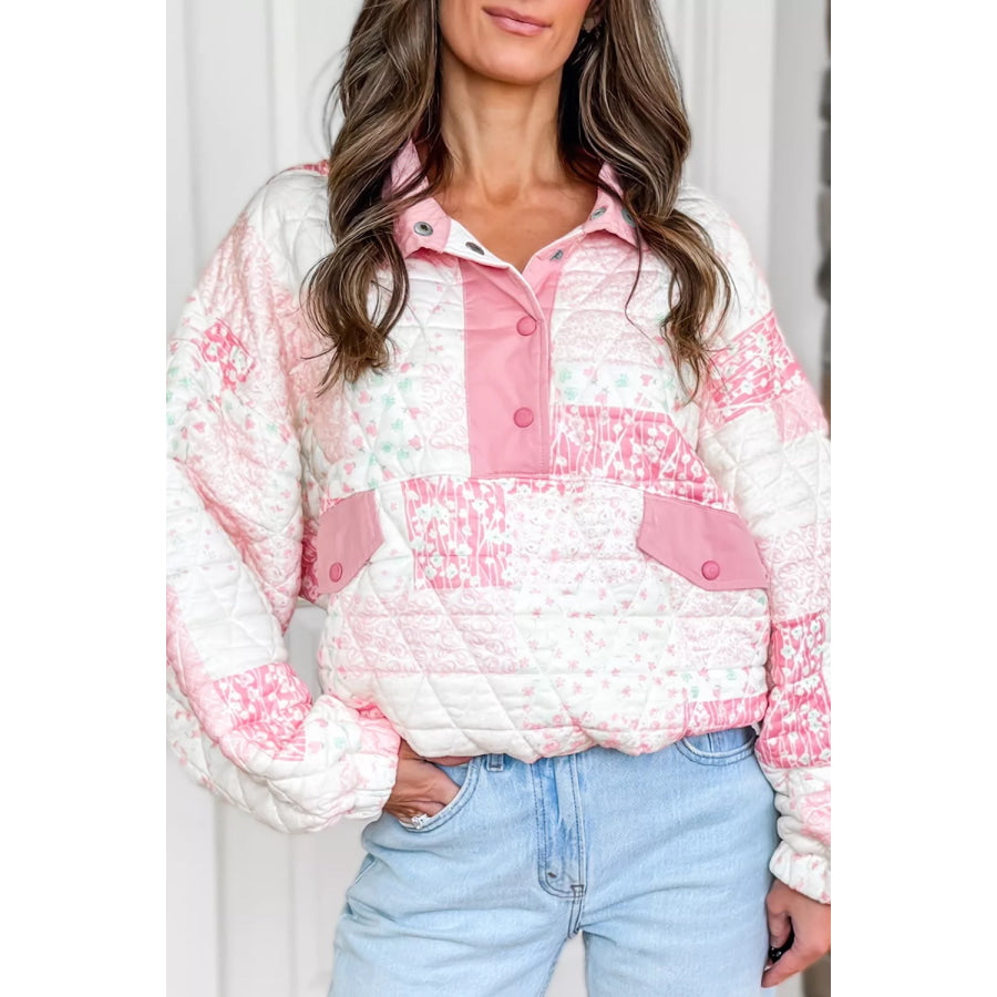 Patchwork Quilted Snap-Neck Sweatshirt Blush Pink / S Apparel and Accessories
