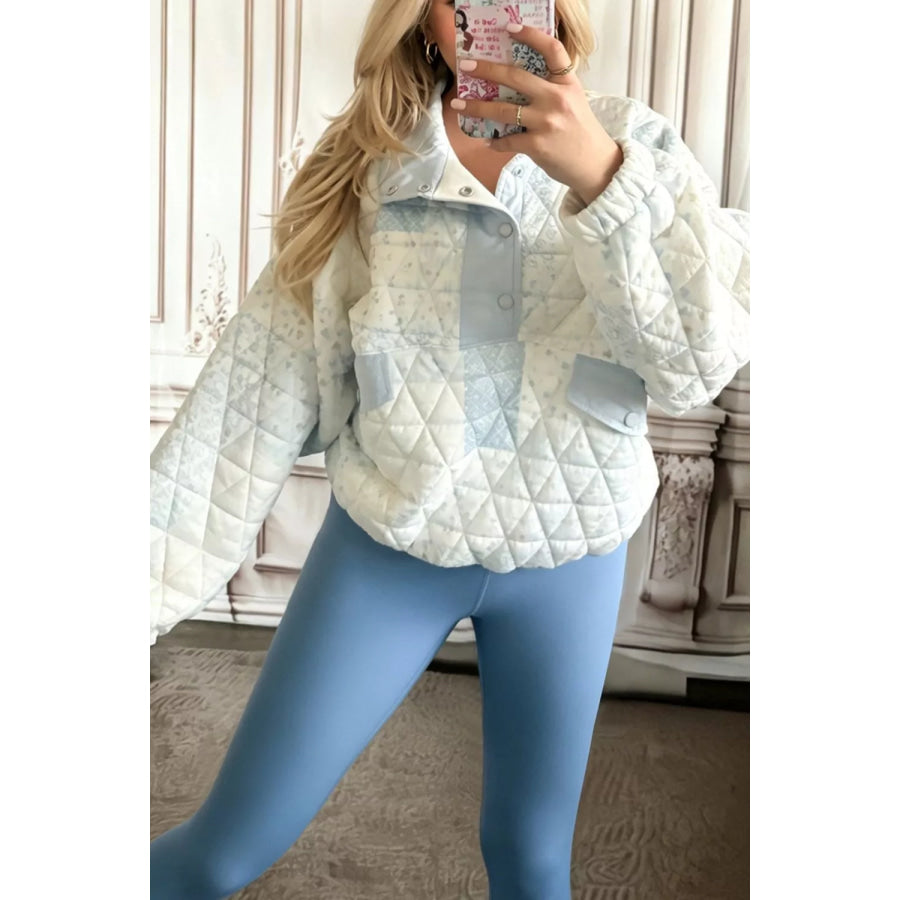 Patchwork Quilted Snap-Neck Sweatshirt Light Blue / S Apparel and Accessories