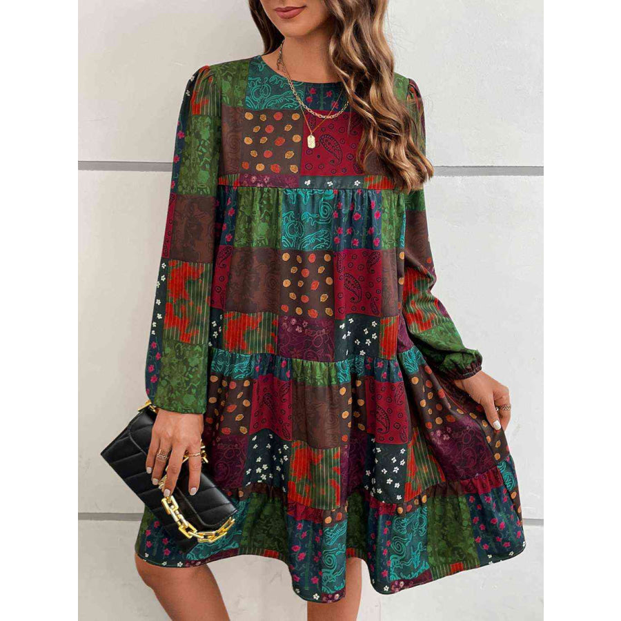 Patchwork Round Neck Long Sleeve Dress Multicolor / S