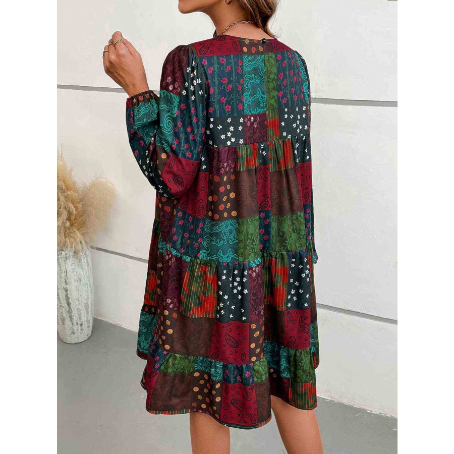 Patchwork Round Neck Long Sleeve Dress Multicolor / S