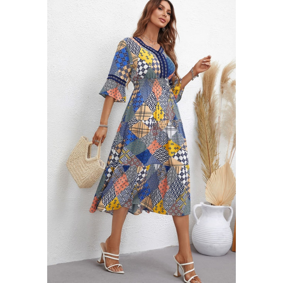 Patchwork V-Neck Tiered Midi Dress Multicolor / S