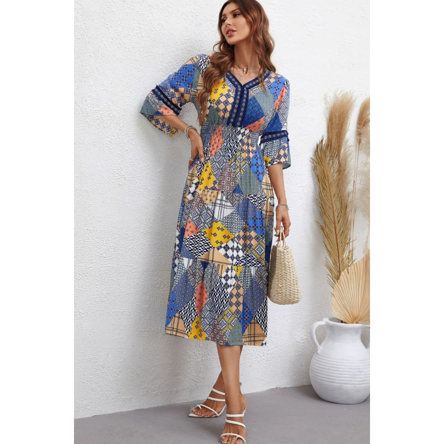 Patchwork V-Neck Tiered Midi Dress