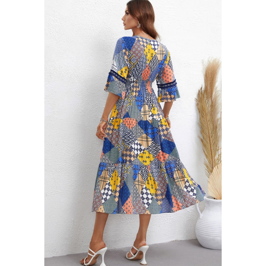 Patchwork V-Neck Tiered Midi Dress