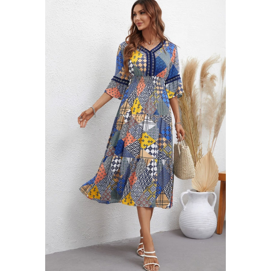 Patchwork V-Neck Tiered Midi Dress