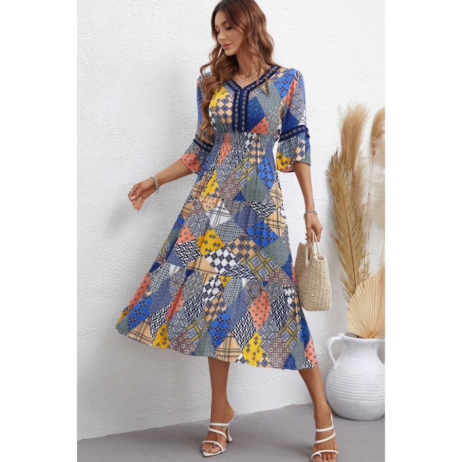 Patchwork V-Neck Tiered Midi Dress