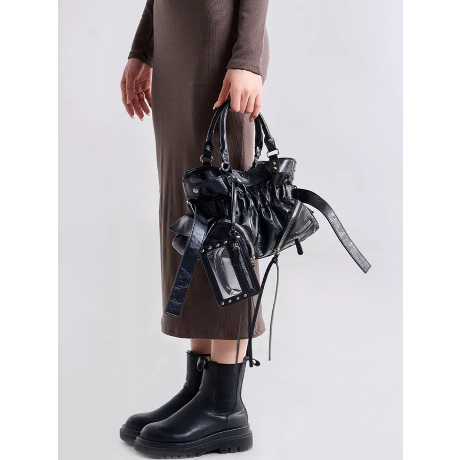 Patent Leather Ruched Crossbody Bag with Detachable Card Holder Black / onesize Apparel and Accessories