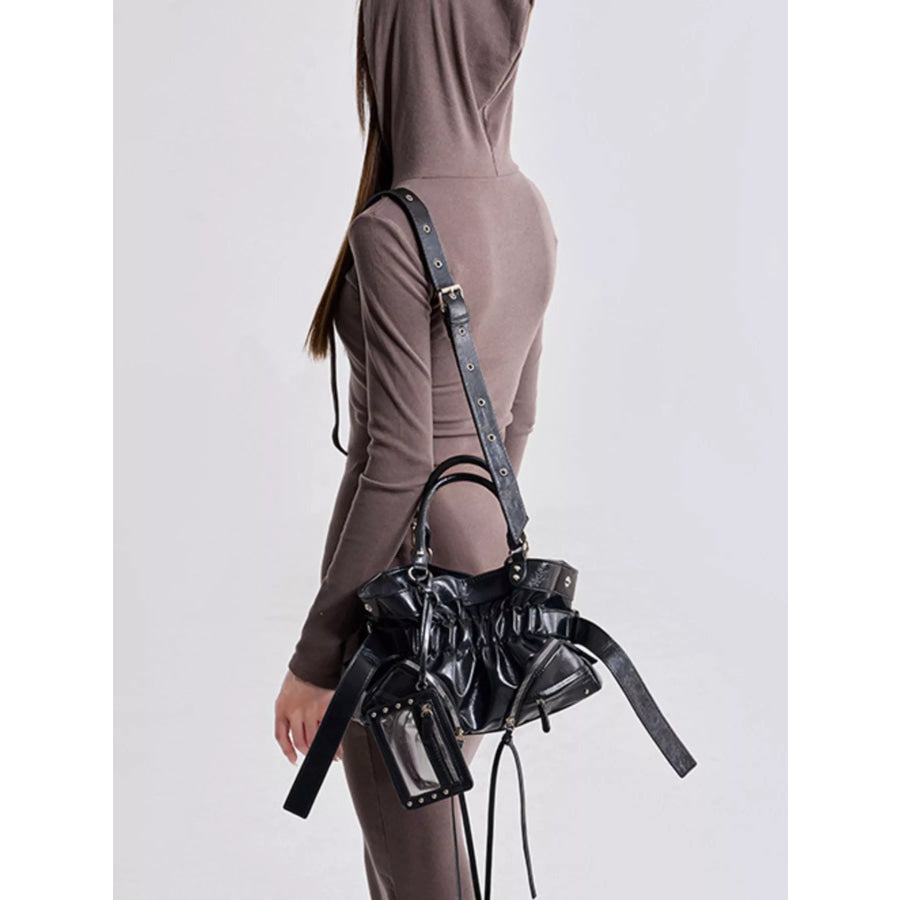 Patent Leather Ruched Crossbody Bag with Detachable Card Holder Black / onesize Apparel and Accessories