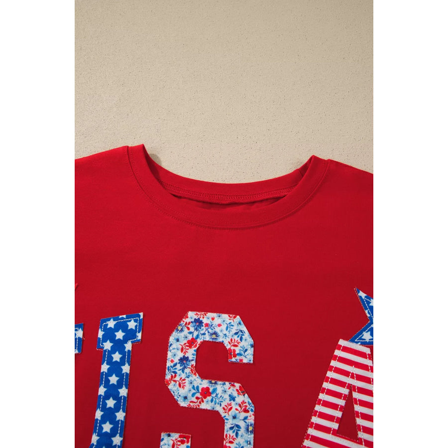 Patriotic USA Slogan Patch Embroidery Short Sleeve T Shirt Apparel and Accessories