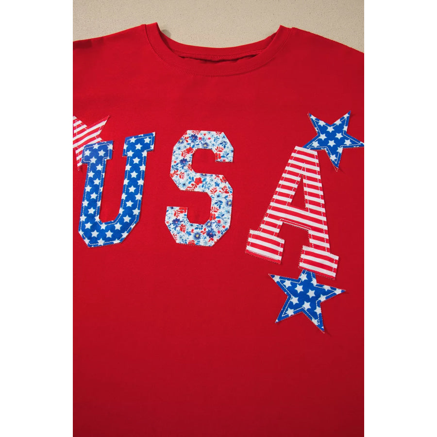 Patriotic USA Slogan Patch Embroidery Short Sleeve T Shirt Apparel and Accessories