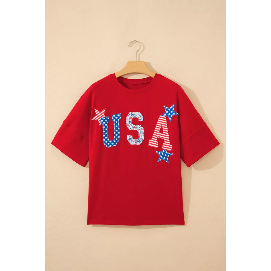 Patriotic USA Slogan Patch Embroidery Short Sleeve T Shirt Apparel and Accessories