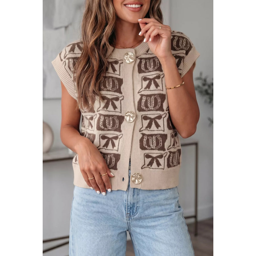 Patterned Button-Up Sweater Vest Camel / S Apparel and Accessories