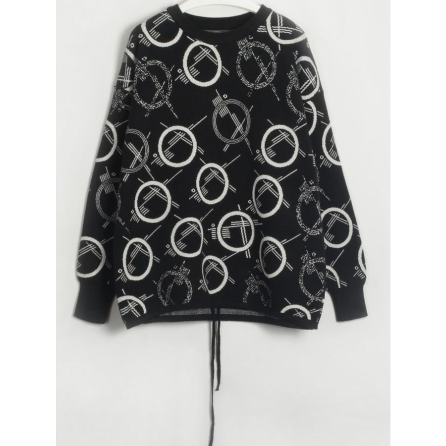 Patterned Drawstring Hem Sweater Black / One Size