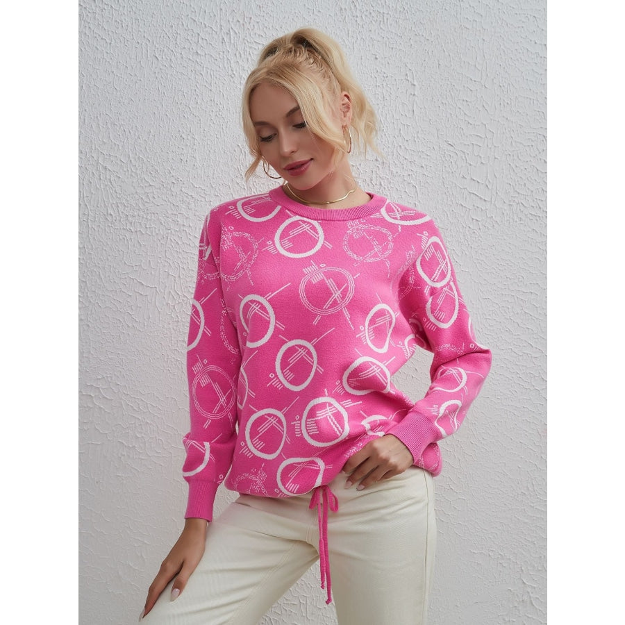 Patterned Drawstring Hem Sweater Hot Pink / One Size