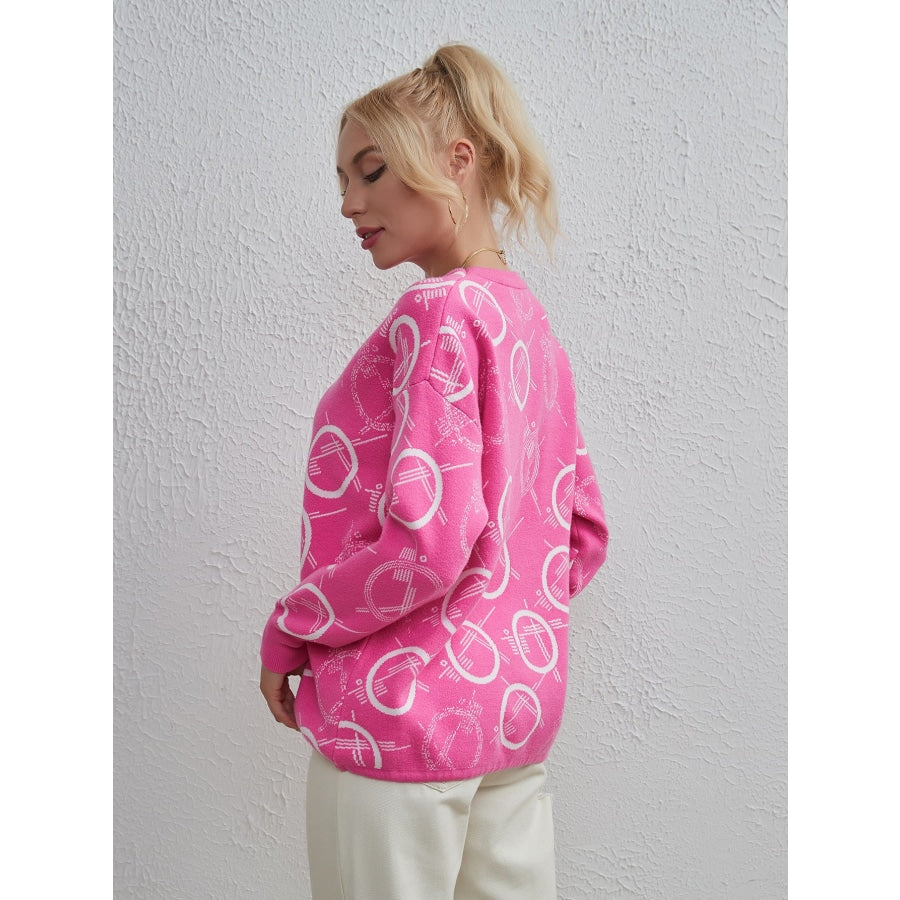 Patterned Drawstring Hem Sweater Hot Pink / One Size