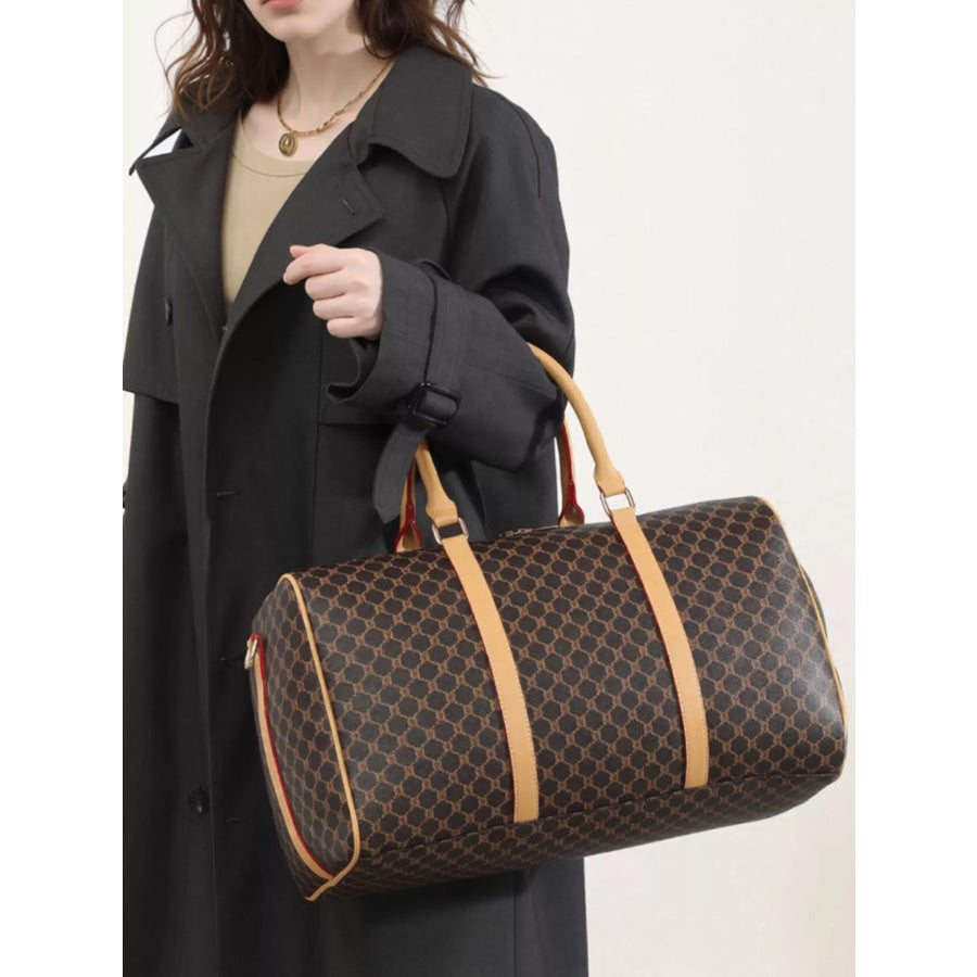 Patterned Leather Travel Duffle Bag with Reinforced Handles Dark Brown / onesize Apparel and Accessories