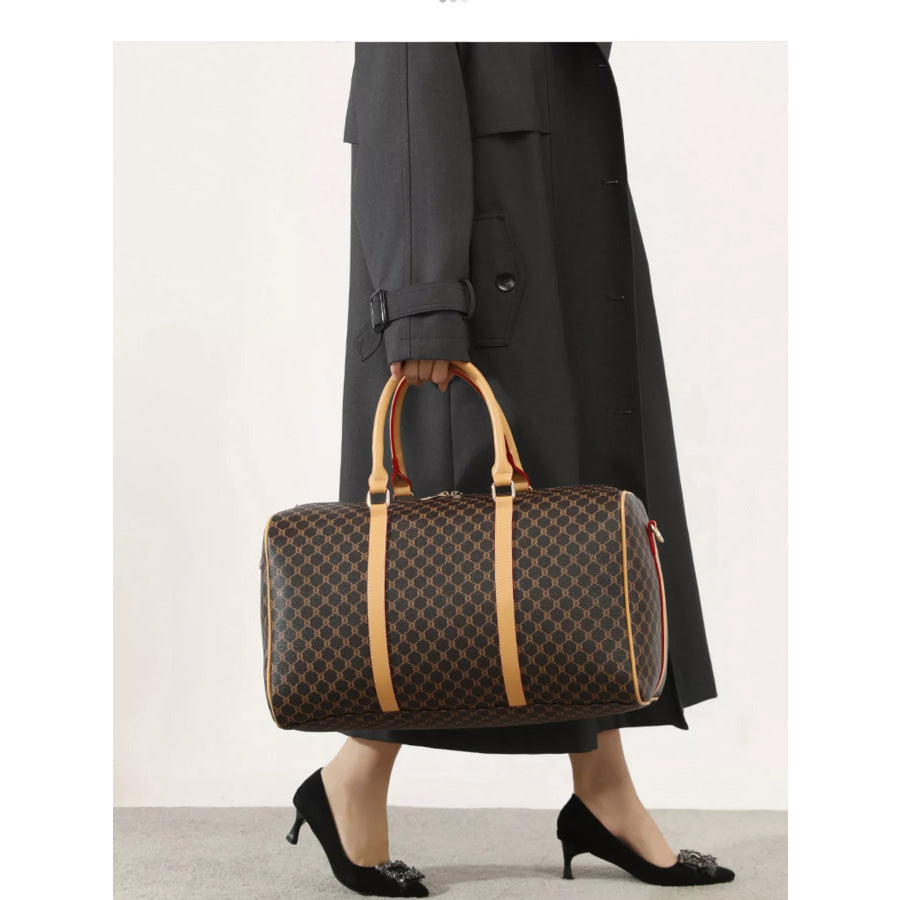 Patterned Leather Travel Duffle Bag with Reinforced Handles Dark Brown / onesize Apparel and Accessories