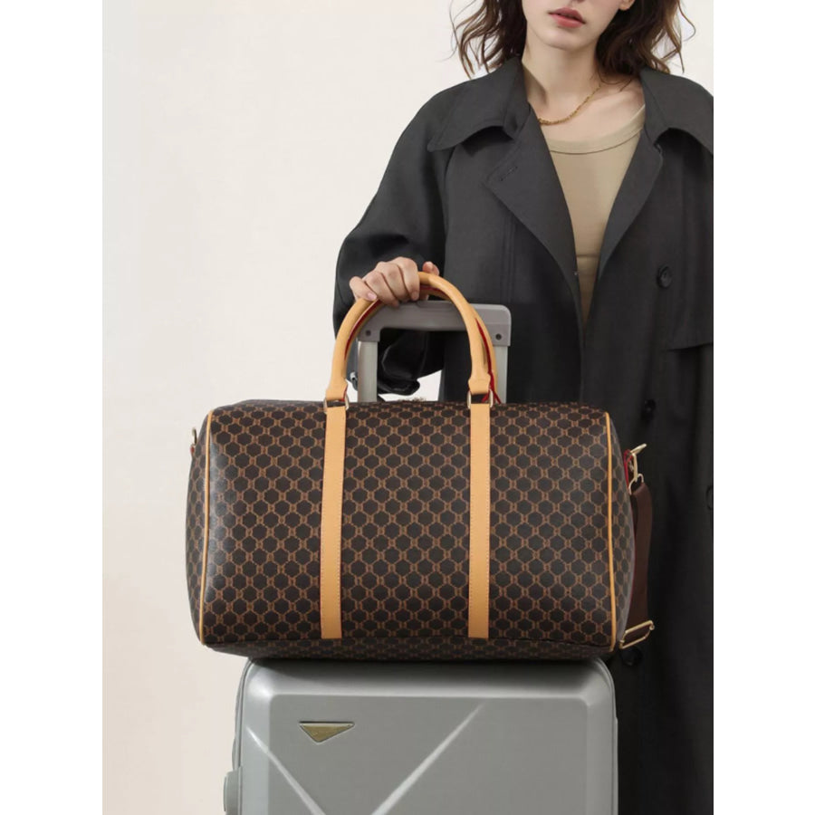 Patterned Leather Travel Duffle Bag with Reinforced Handles Dark Brown / onesize Apparel and Accessories