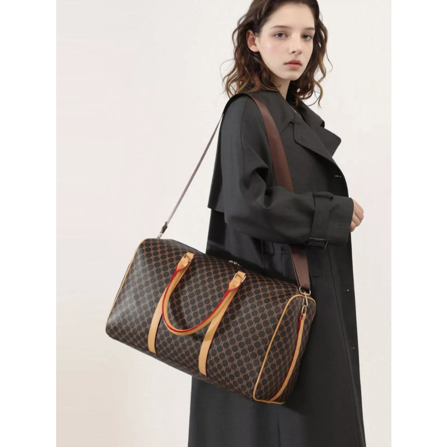 Patterned Leather Travel Duffle Bag with Reinforced Handles Dark Brown / onesize Apparel and Accessories