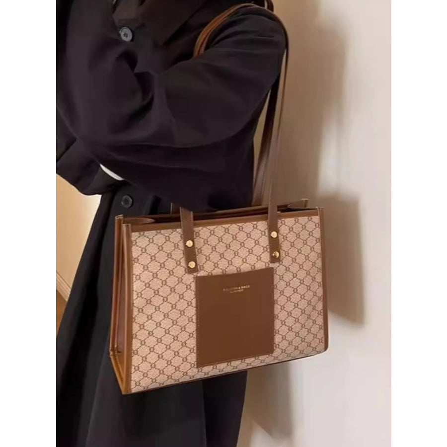 Patterned Tote Shoulder Bag Khaki / One Size Apparel and Accessories