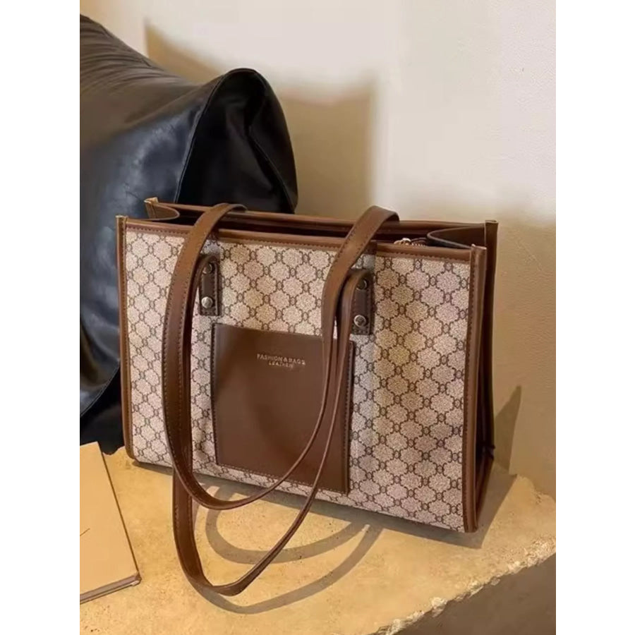 Patterned Tote Shoulder Bag Khaki / One Size Apparel and Accessories