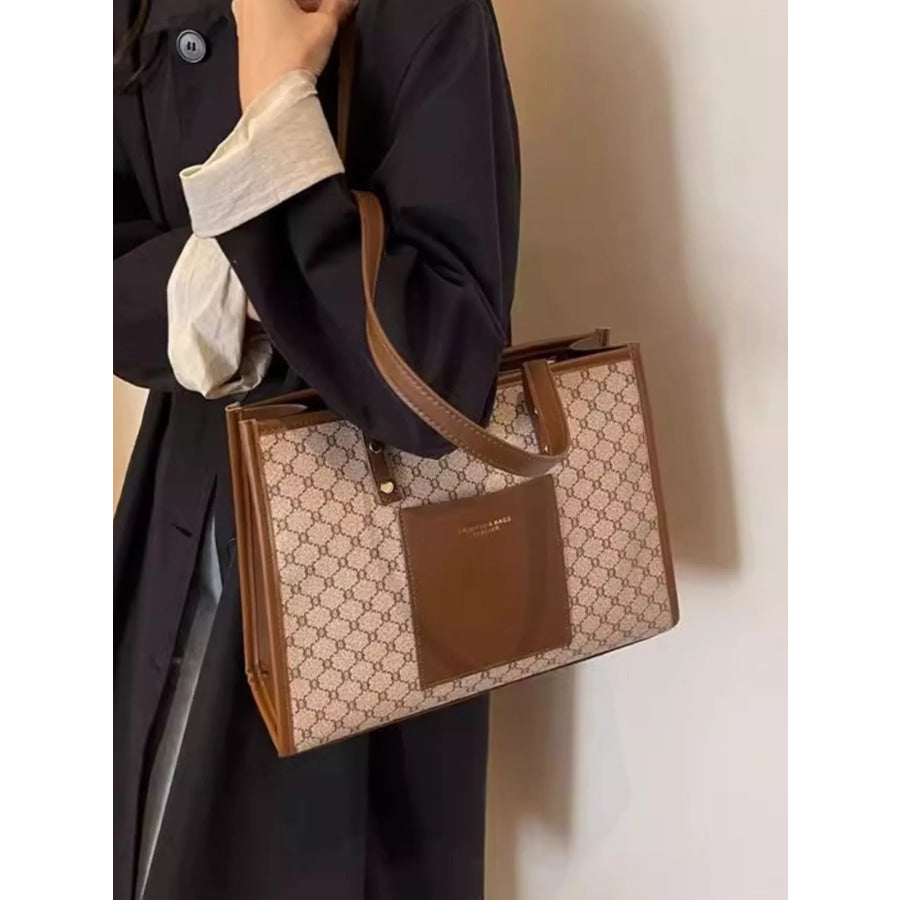 Patterned Tote Shoulder Bag Khaki / One Size Apparel and Accessories