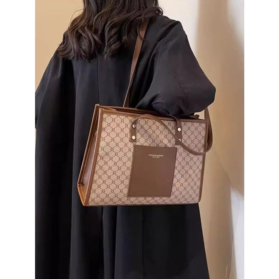 Patterned Tote Shoulder Bag Khaki / One Size Apparel and Accessories