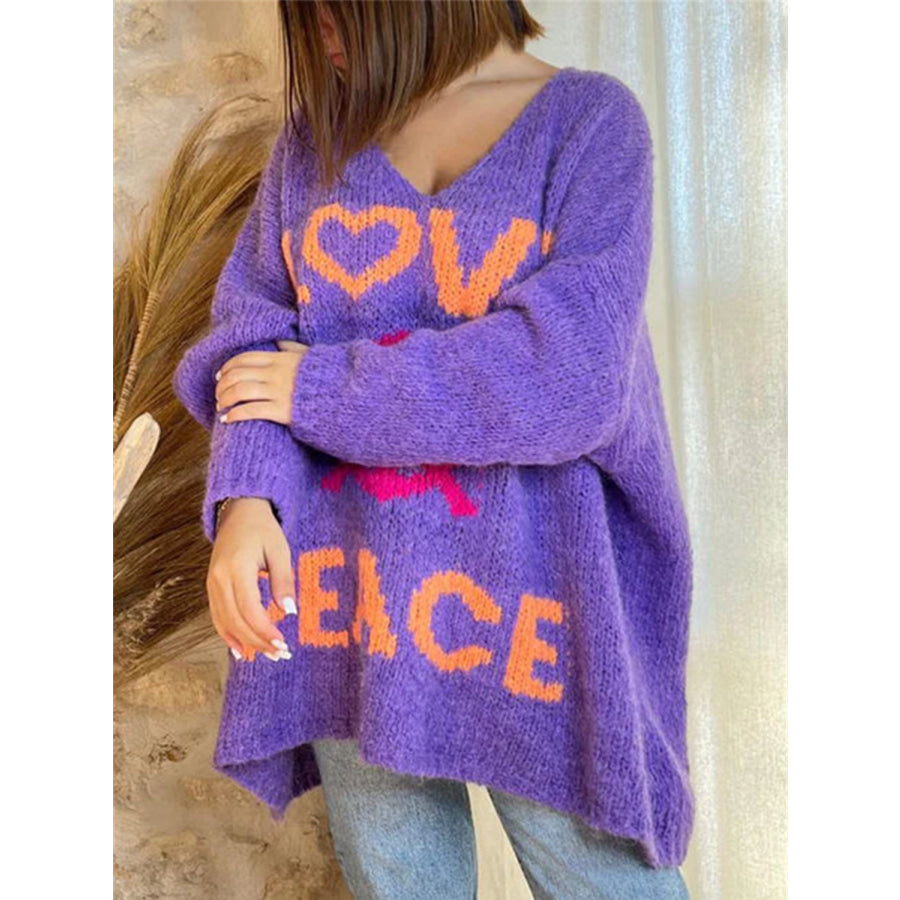 Peace Graphic V-Neck Long Sleeve Sweater Apparel and Accessories